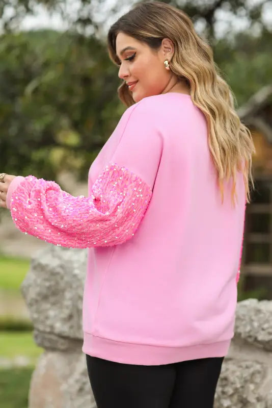 Pink double heart patch sequined sleeves plus size sweatshirt - graphic