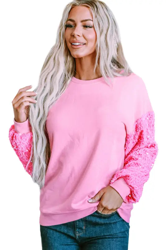 Pink double heart patch sequined sleeves plus size sweatshirt - graphic