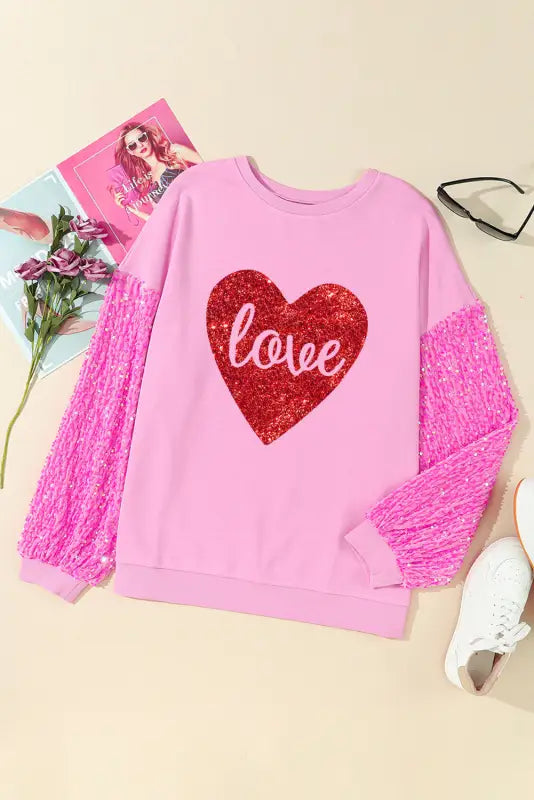 Pink double heart patch sequined sleeves plus size sweatshirt - graphic