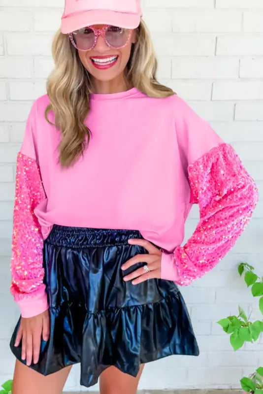 Pink double heart patch sequined sleeves plus size sweatshirt - graphic