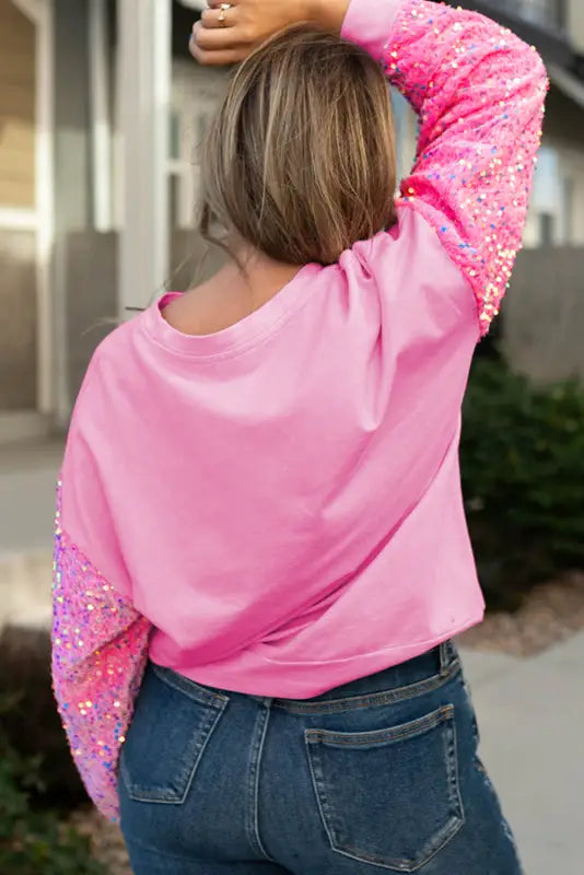 Pink double heart patch sequined sleeves plus size sweatshirt - graphic