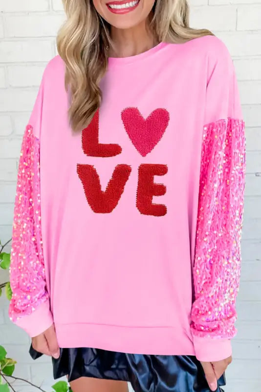 Pink double heart patch sequined sleeves plus size sweatshirt - graphic