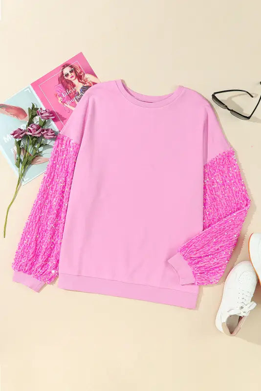 Pink double heart patch sequined sleeves plus size sweatshirt - graphic