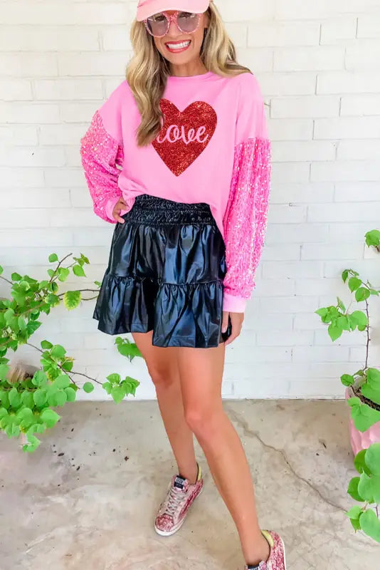 Pink double heart patch sequined sleeves plus size sweatshirt - graphic