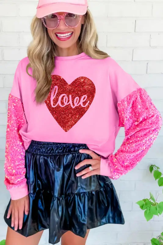 Pink double heart patch sequined sleeves plus size sweatshirt - graphic