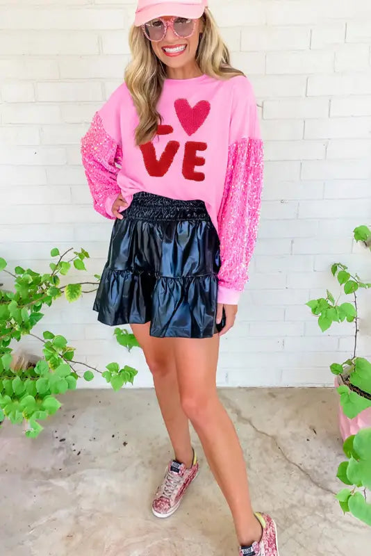 Pink double heart patch sequined sleeves plus size sweatshirt - graphic