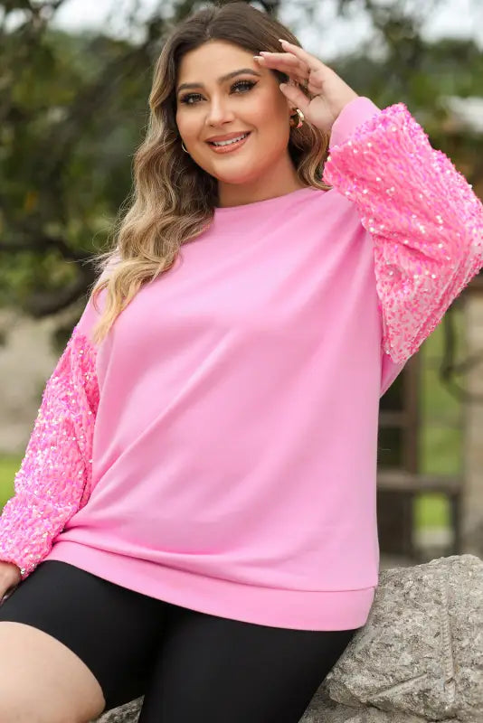 Pink double heart patch sequined sleeves plus size sweatshirt - graphic