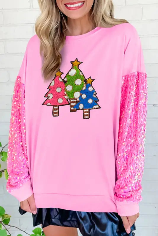 Pink double heart patch sequined sleeves plus size sweatshirt - graphic