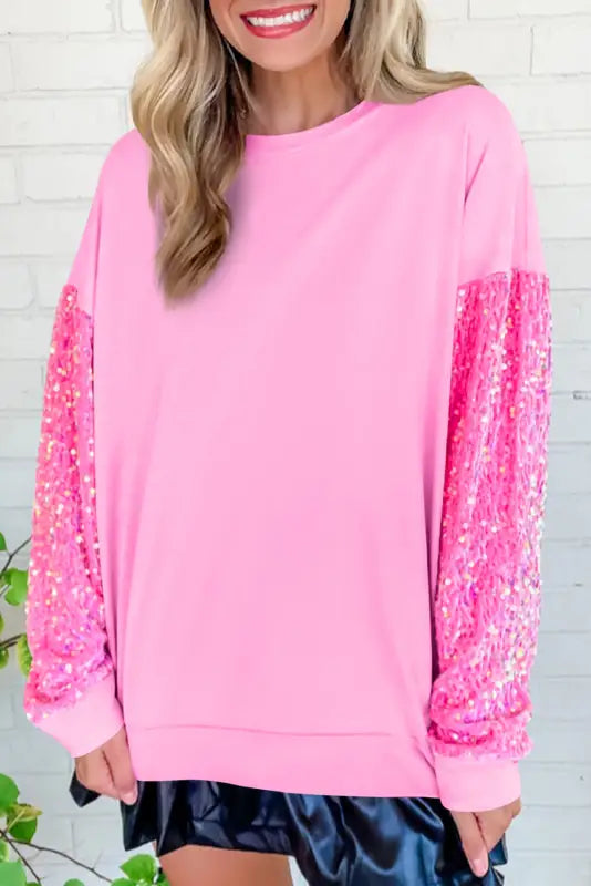 Pink double heart patch sequined sleeves plus size sweatshirt - graphic