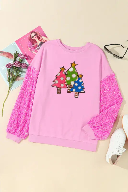 Pink double heart patch sequined sleeves plus size sweatshirt - graphic