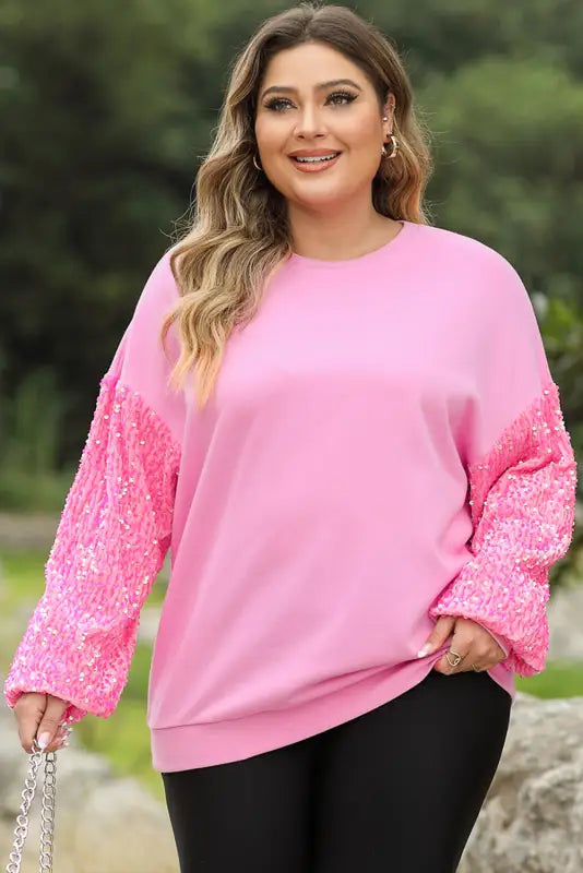 Pink double heart patch sequined sleeves plus size sweatshirt - graphic