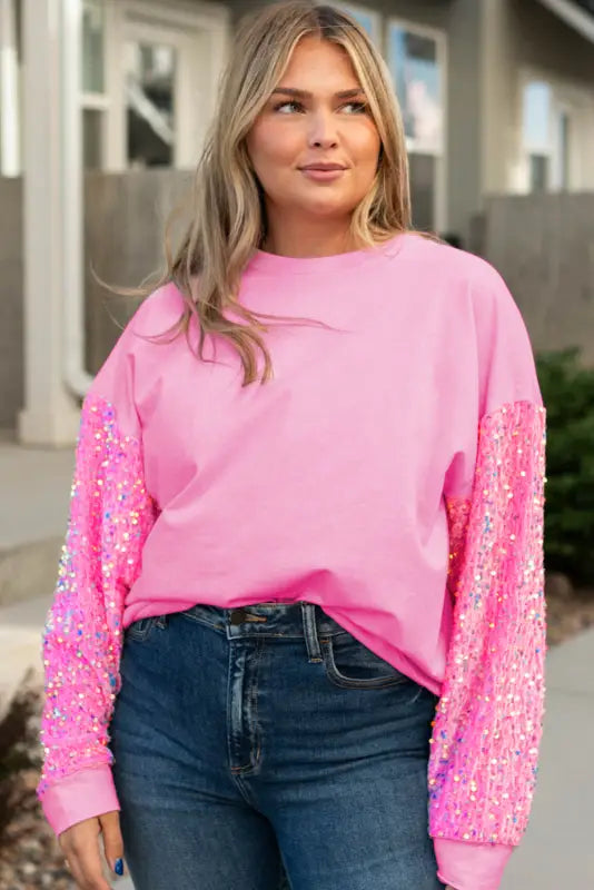 Pink double heart patch sequined sleeves plus size sweatshirt - graphic