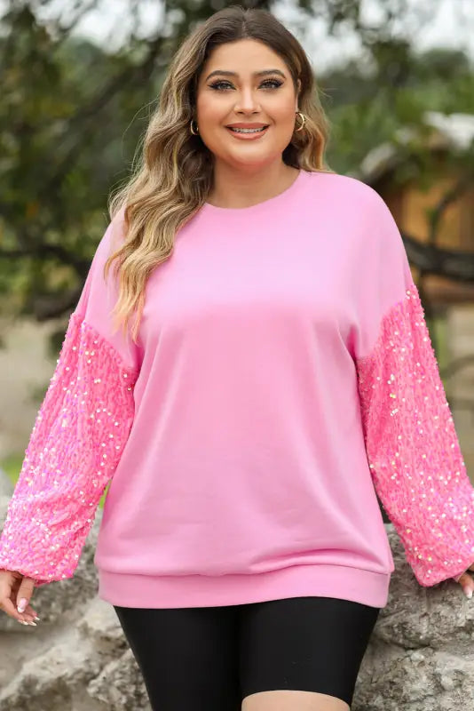 Pink double heart patch sequined sleeves plus size sweatshirt - graphic