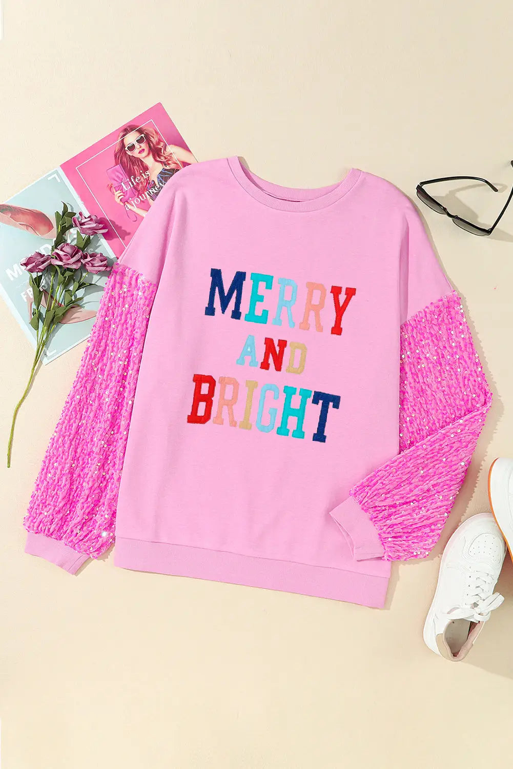 Pink double heart patch sequined sleeves plus size sweatshirt - graphic