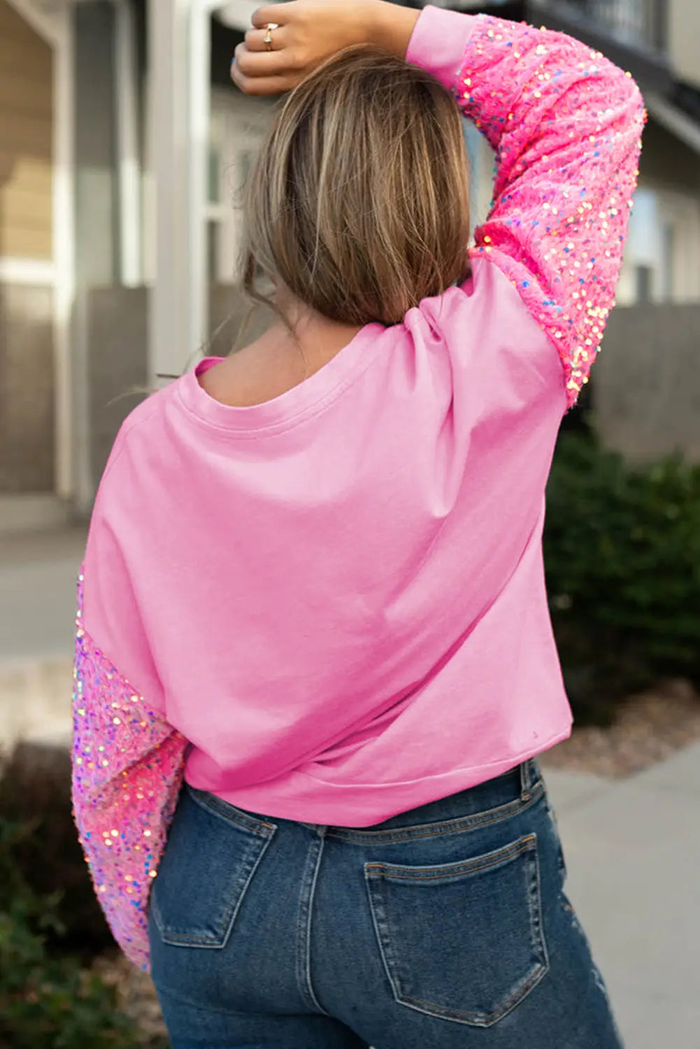 Pink double heart patch sequined sleeves plus size sweatshirt - graphic