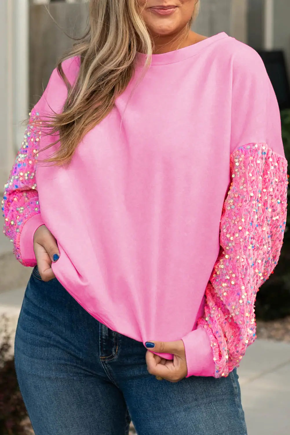 Pink double heart patch sequined sleeves plus size sweatshirt - pink1 / 1x / 65% polyester + 35% cotton - graphic