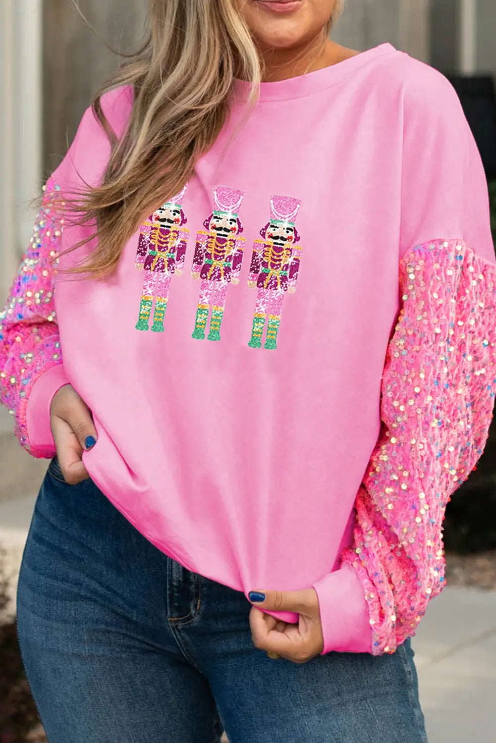 Pink double heart patch sequined sleeves plus size sweatshirt - pink2 / 1x / 65% polyester + 35% cotton - graphic