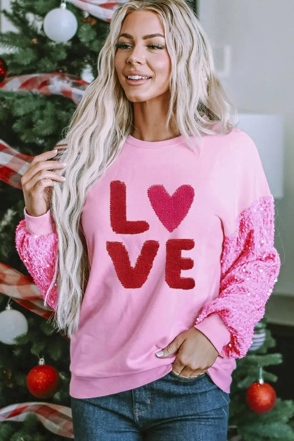 Pink double heart patch sequined sleeves plus size sweatshirt - pink3 / l / 65% polyester + 35% cotton - graphic