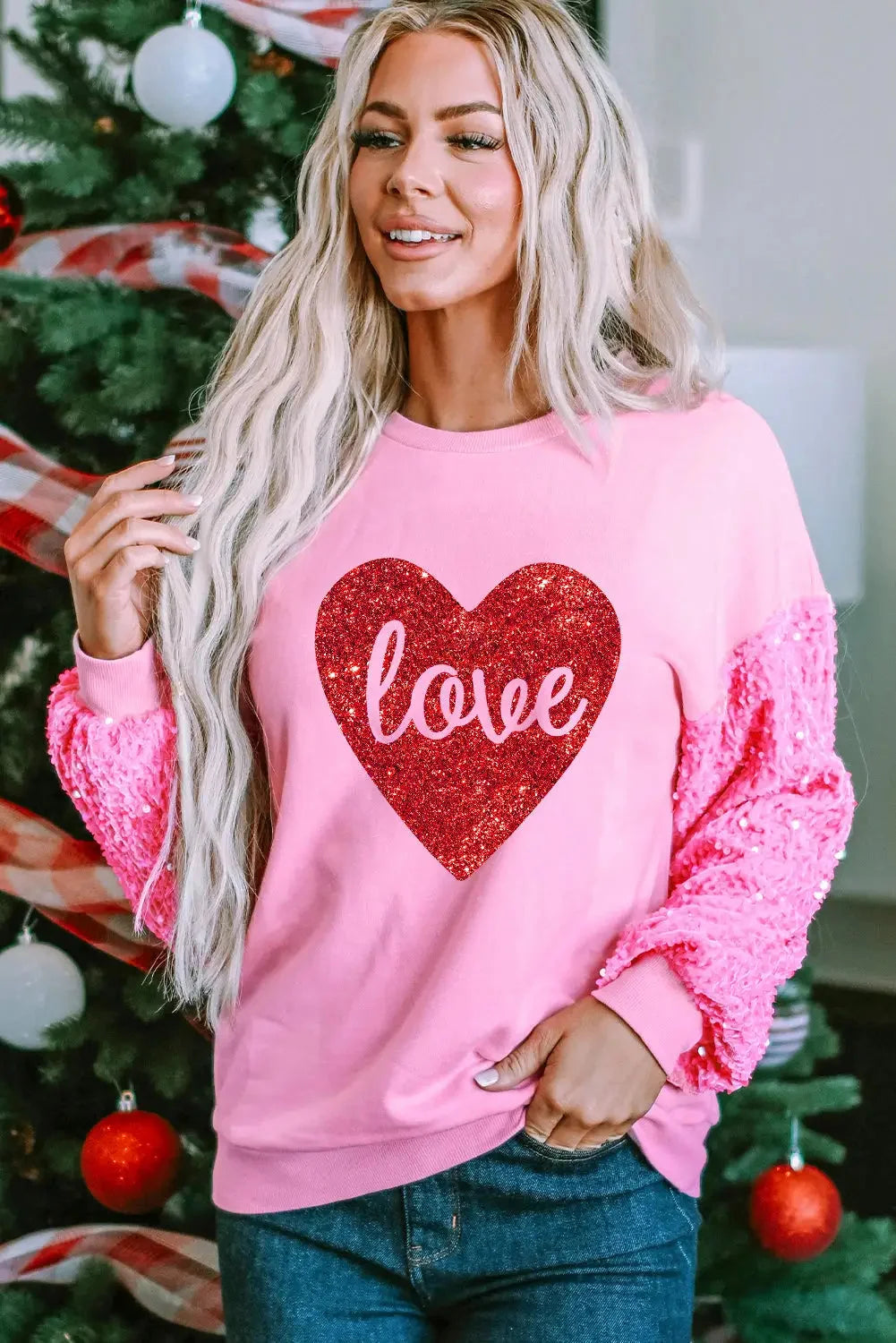 Pink double heart patch sequined sleeves plus size sweatshirt - pink4 / l / 65% polyester + 35% cotton - graphic