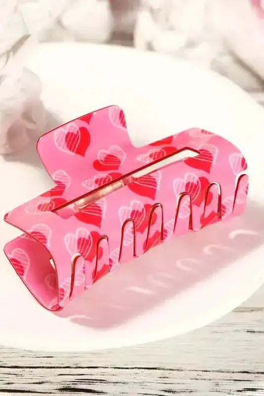 Pink Valentines fashion hair claw with vibrant heart design, styled for seasonal flair in the Hair Claws & Clips category.