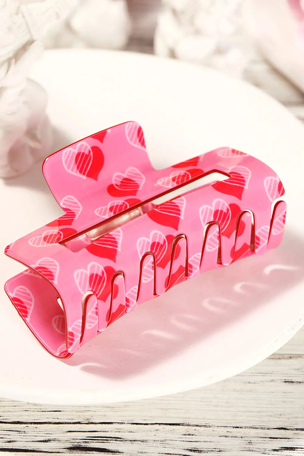 Pink double heart printed valentines fashion hair claw - one size / pvc - accessories