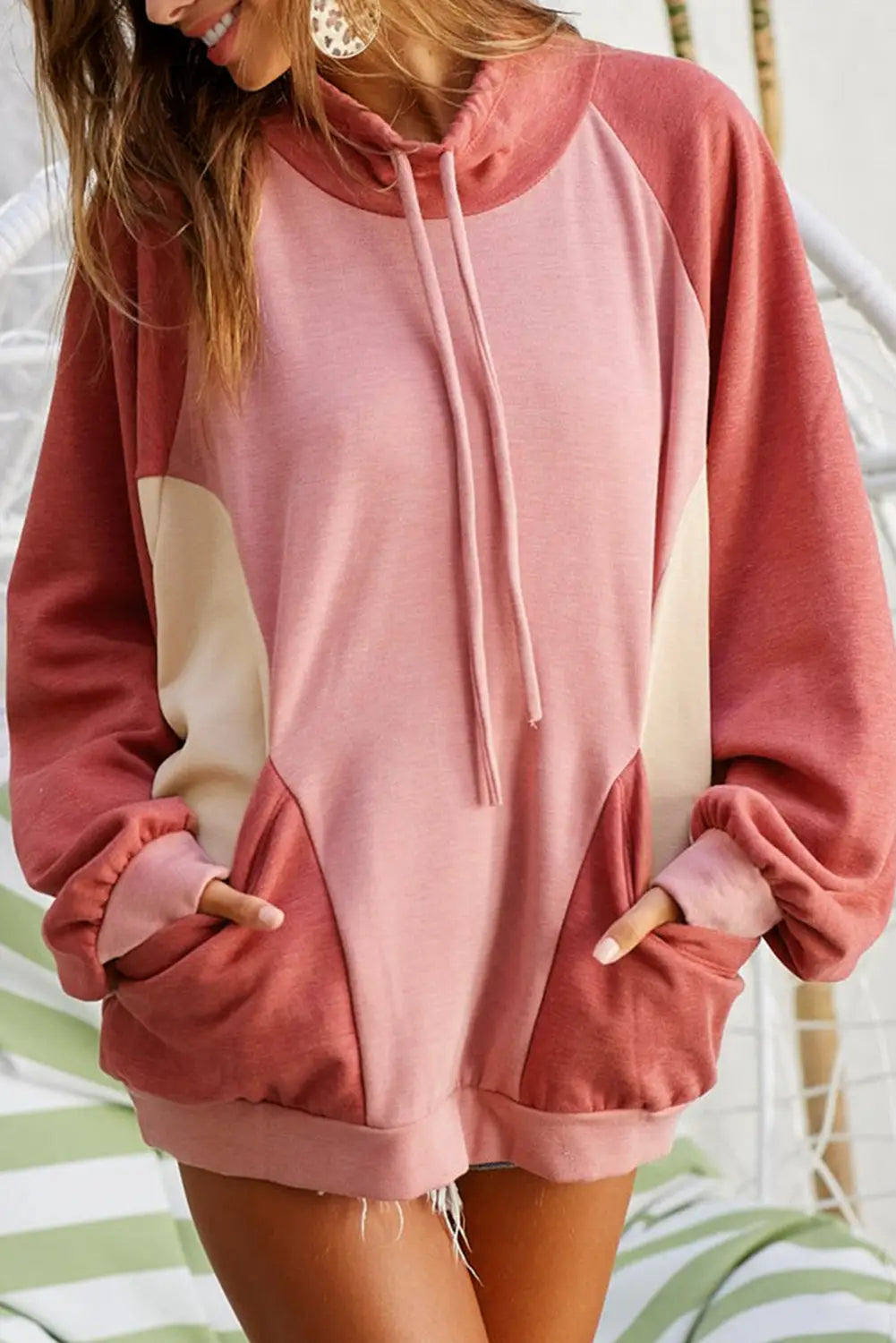 Pink drawstring pullover pocketed colorblock sweatshirt - s / 50% polyester + 50% cotton - sweatshirts & hoodies