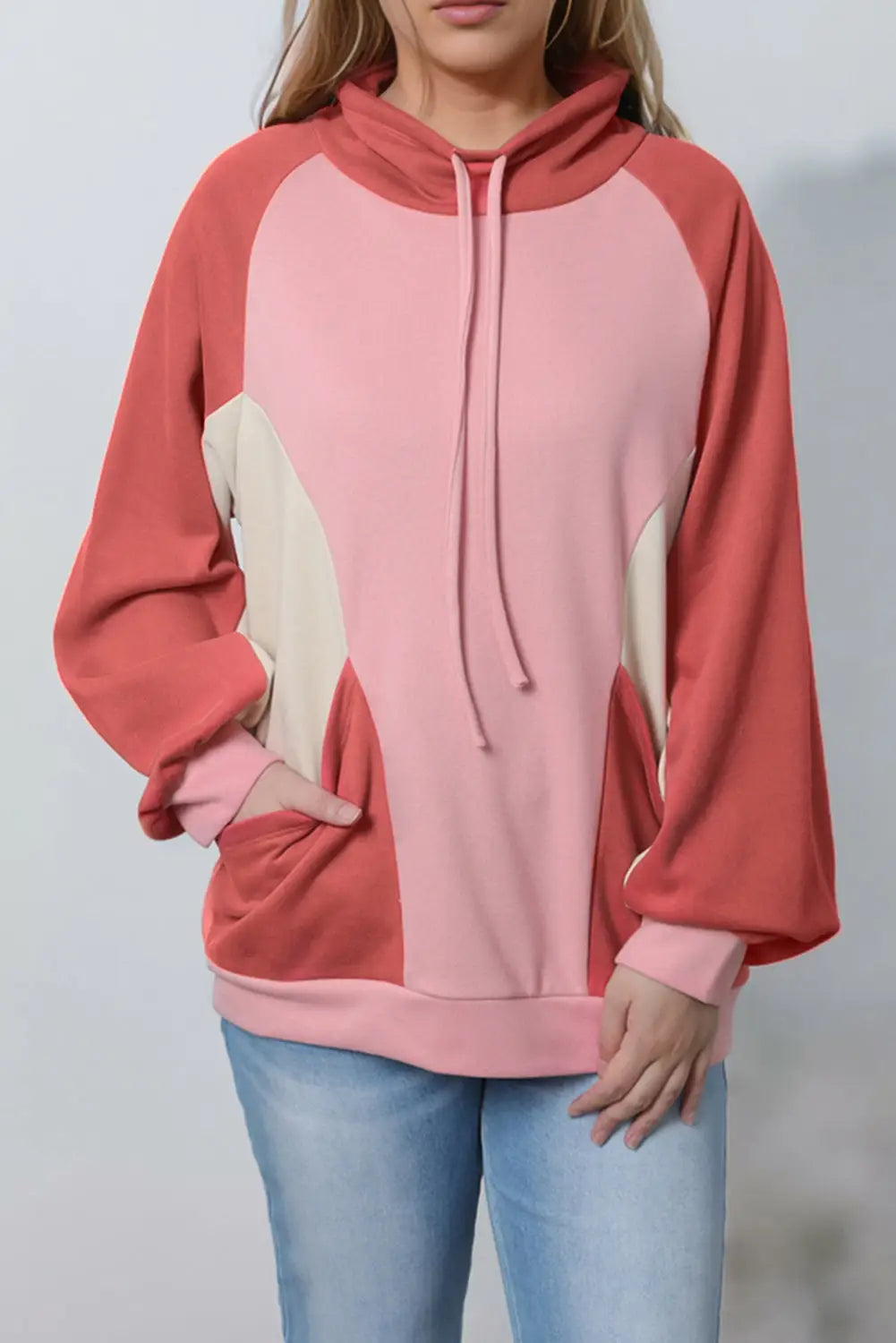 Pink drawstring pullover pocketed colorblock sweatshirt - sweatshirts & hoodies