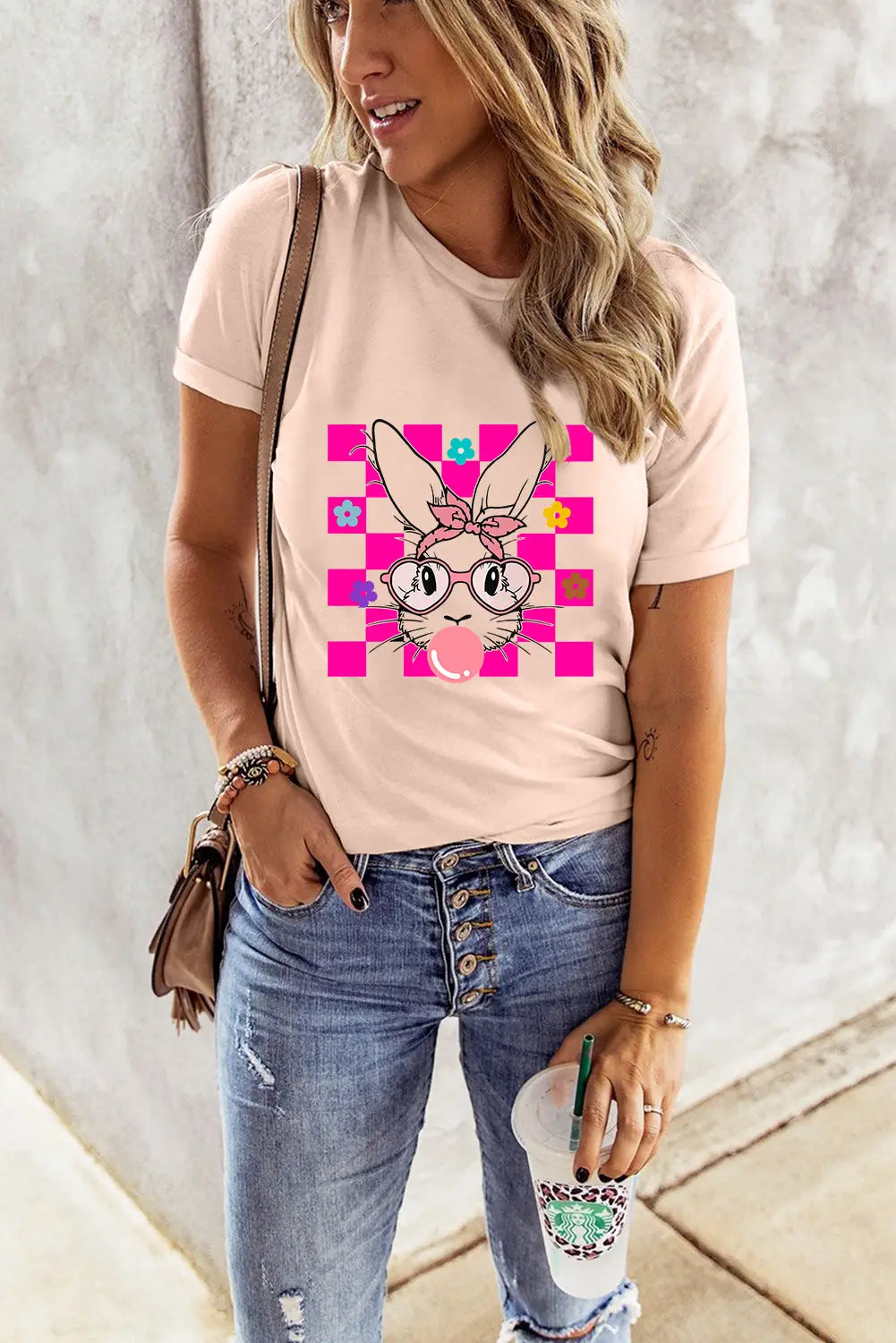Pink easter rabbit checkered flower print o-neck t shirt - graphic t-shirts