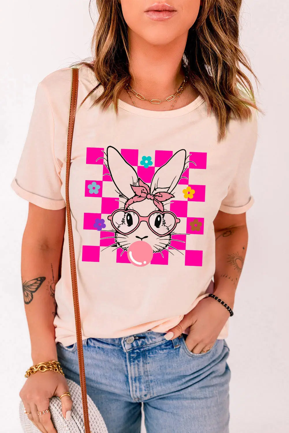 Pink easter rabbit checkered flower print o-neck t shirt - graphic t-shirts
