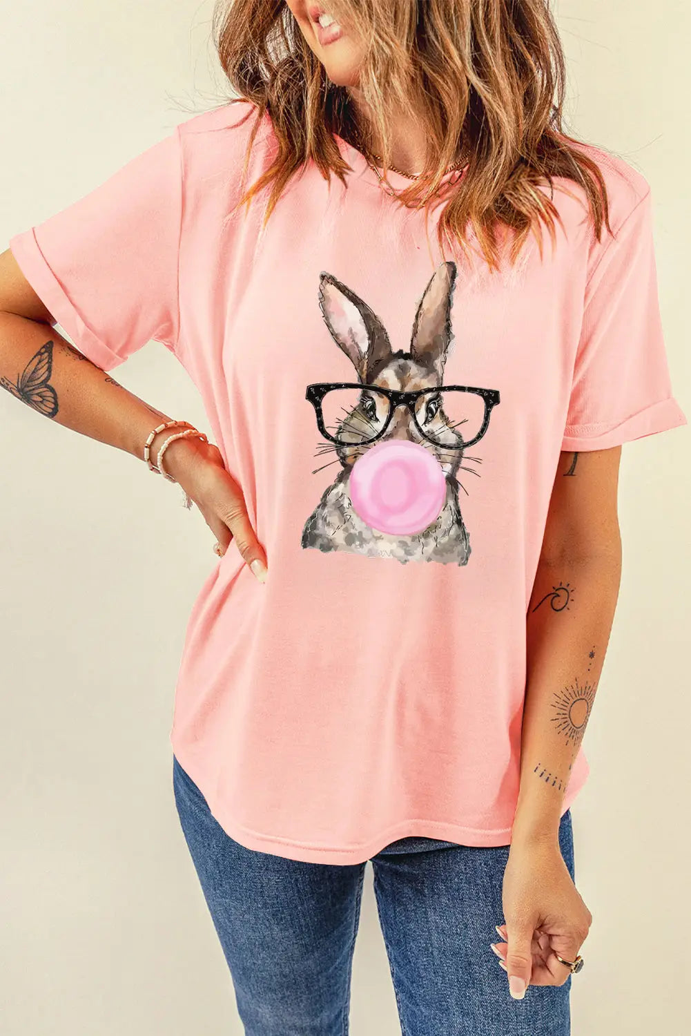 Pink easter rabbit print round neck casual tee - graphic t - shirts
