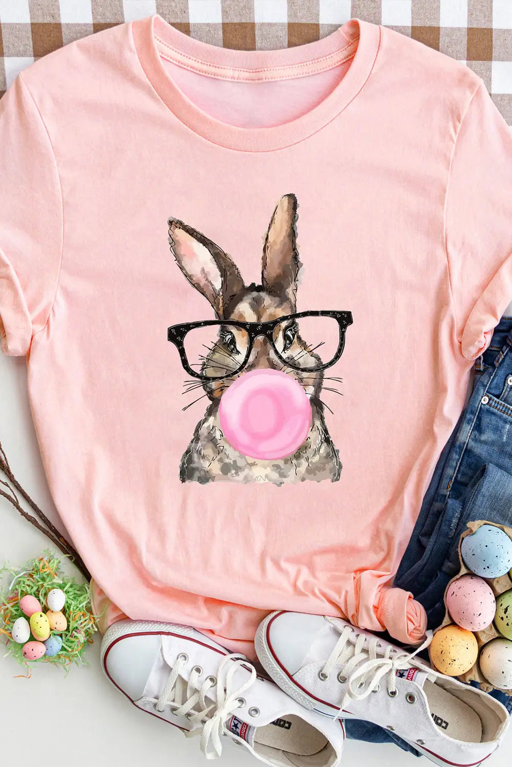 Pink easter rabbit print round neck casual tee - s 62% polyester + 32% cotton + 6% elastane graphic t - shirts
