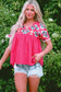 Pink embroidered blouse - tassel tie v-neck - short sleeve blouses