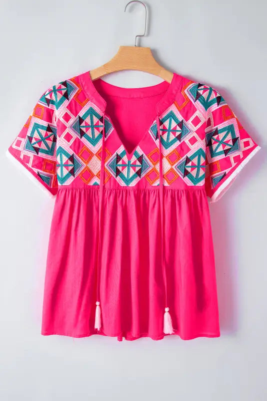 Pink embroidered blouse - tassel tie v-neck - short sleeve blouses