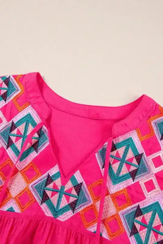 Pink Embroidered Blouse - Tassel Tie V-Neck - Fashionfitz