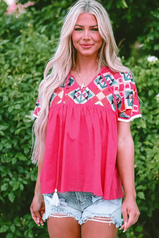 Pink embroidered blouse - tassel tie v-neck - short sleeve blouses