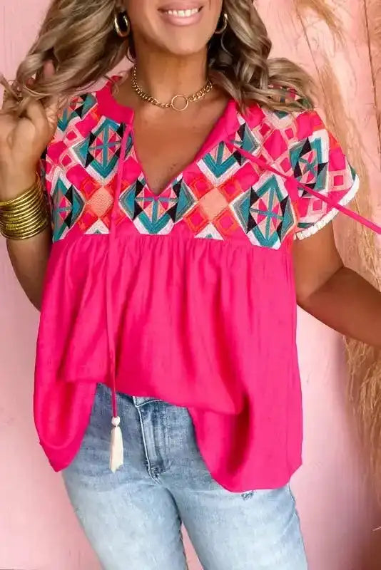 Pink Embroidered Blouse - Tassel Tie V-Neck - Fashionfitz