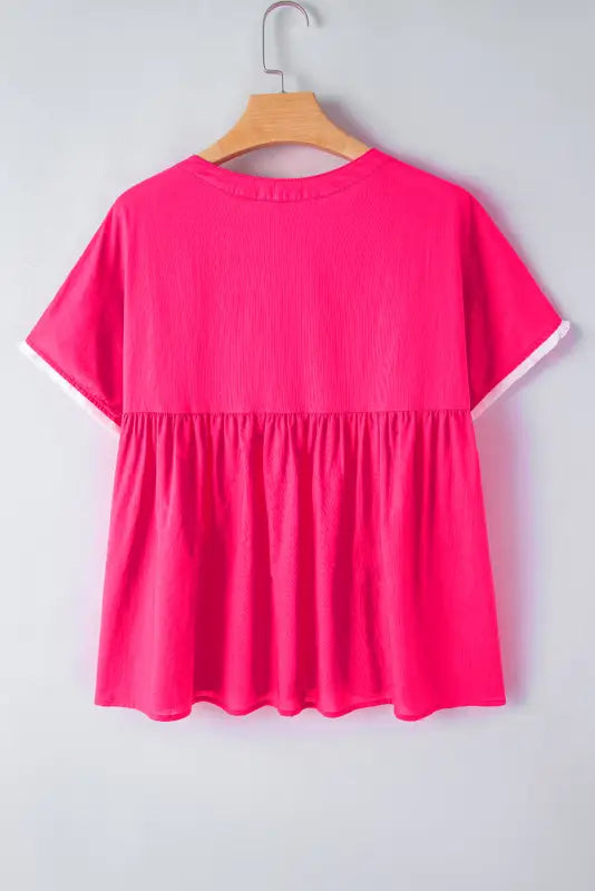 Pink embroidered blouse - tassel tie v-neck - short sleeve blouses