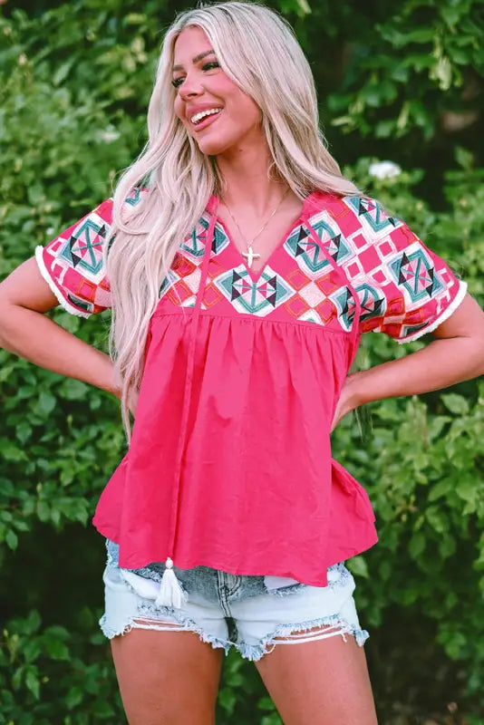 Pink embroidered blouse - tassel tie v-neck - short sleeve blouses