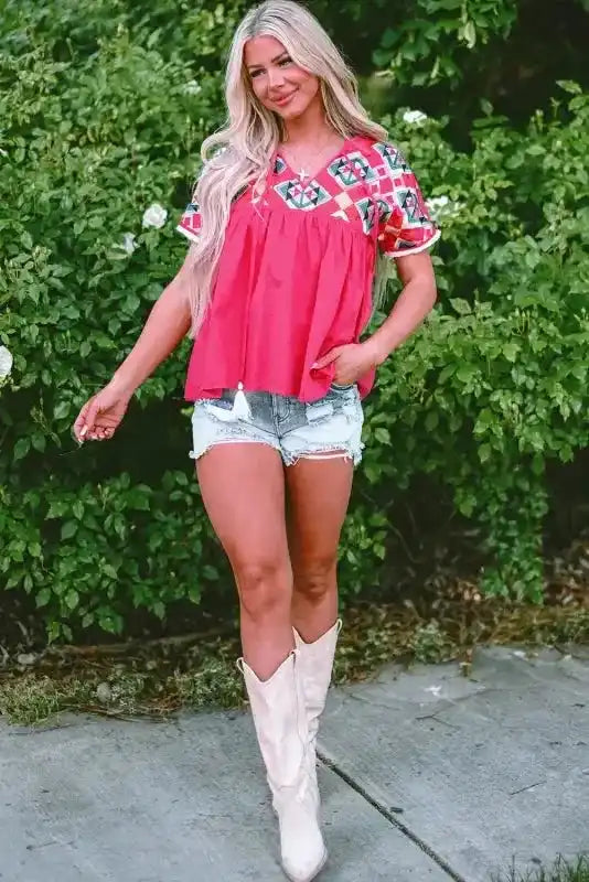 Pink Embroidered Blouse - Tassel Tie V-Neck - Fashionfitz