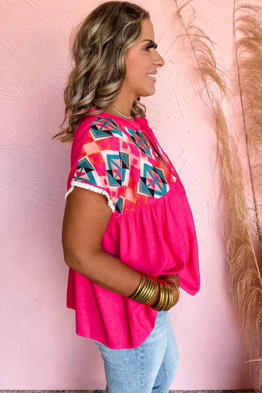 Pink embroidered blouse - tassel tie v-neck - short sleeve blouses