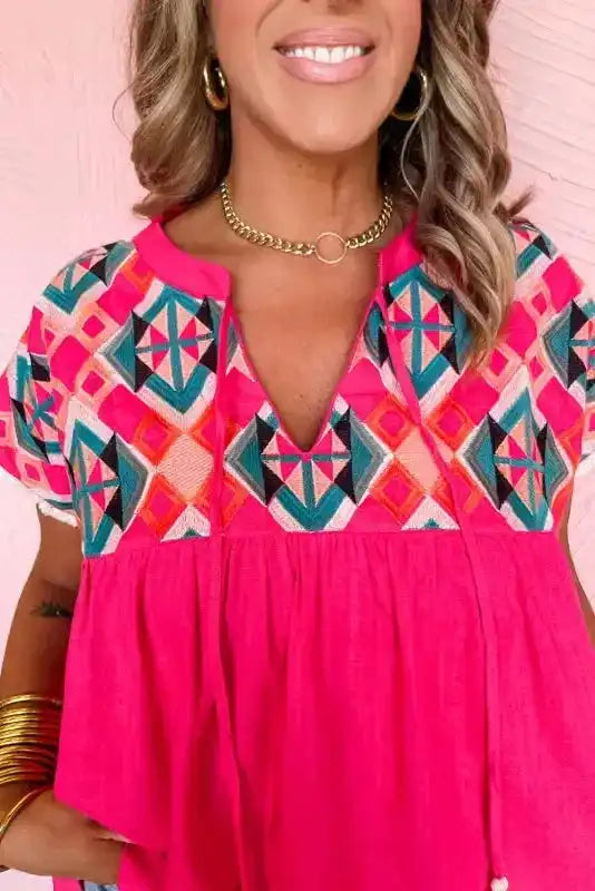 Pink Embroidered Blouse - Tassel Tie V-Neck - Fashionfitz