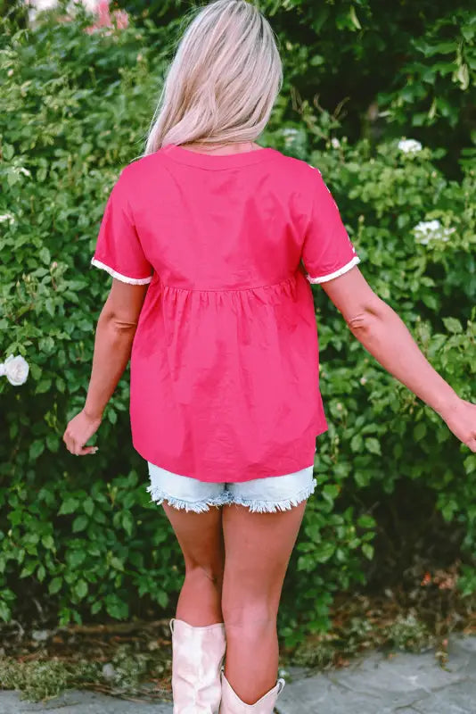 Pink embroidered blouse - tassel tie v-neck - short sleeve blouses