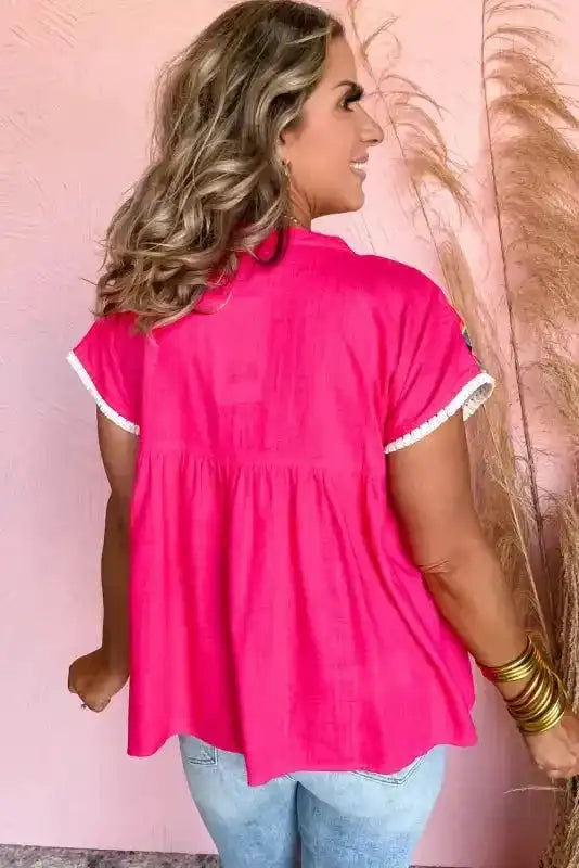 Pink Embroidered Blouse - Tassel Tie V-Neck - Fashionfitz