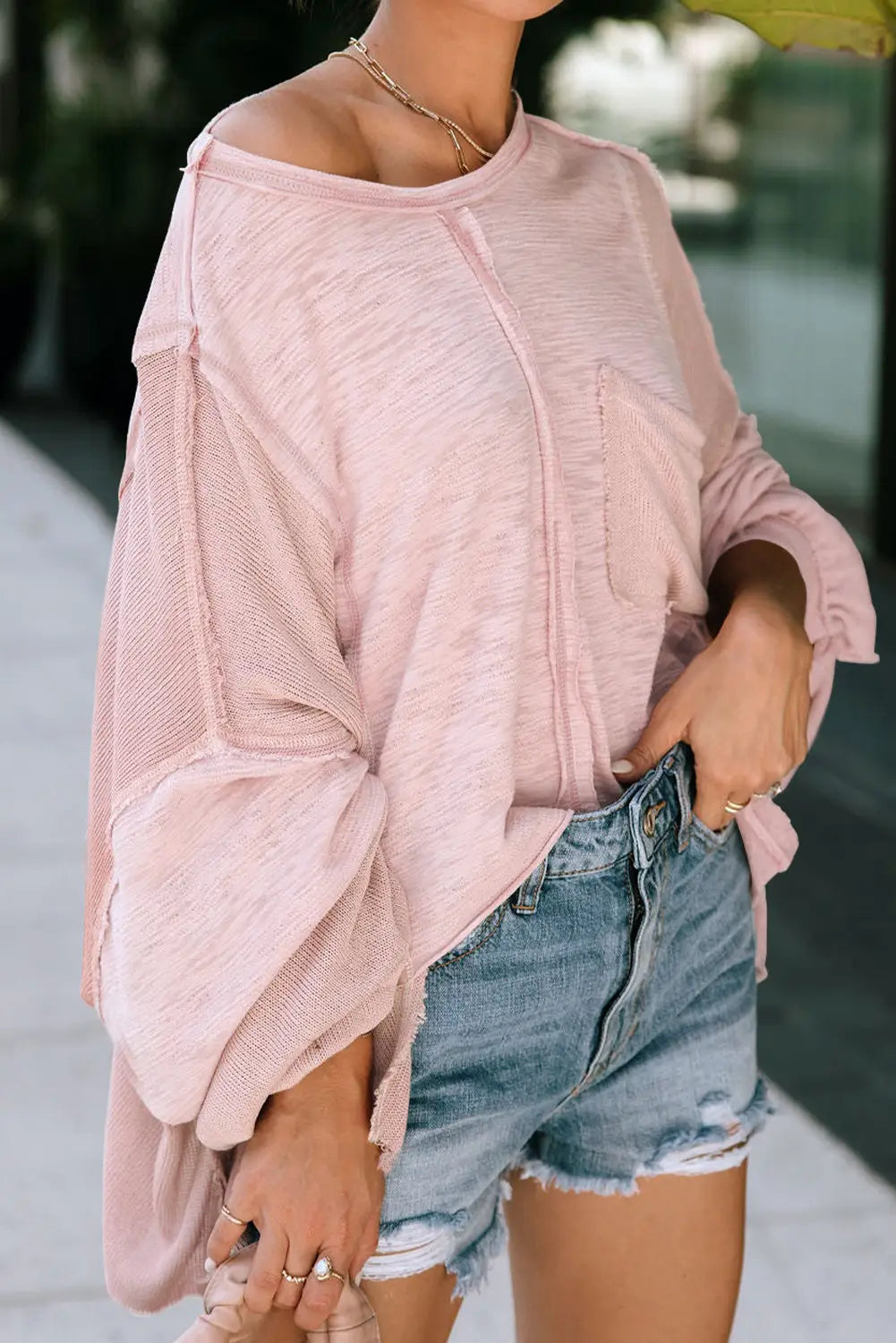 Pink exposed seam chest pocket loose sleeve oversized top - long tops