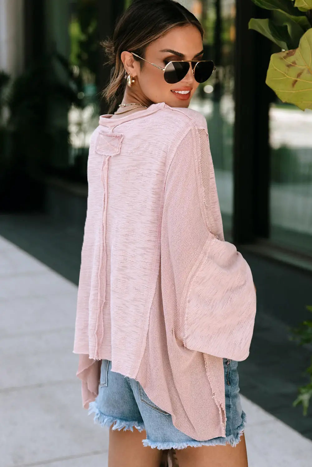 Pink exposed seam chest pocket loose sleeve oversized top - long tops