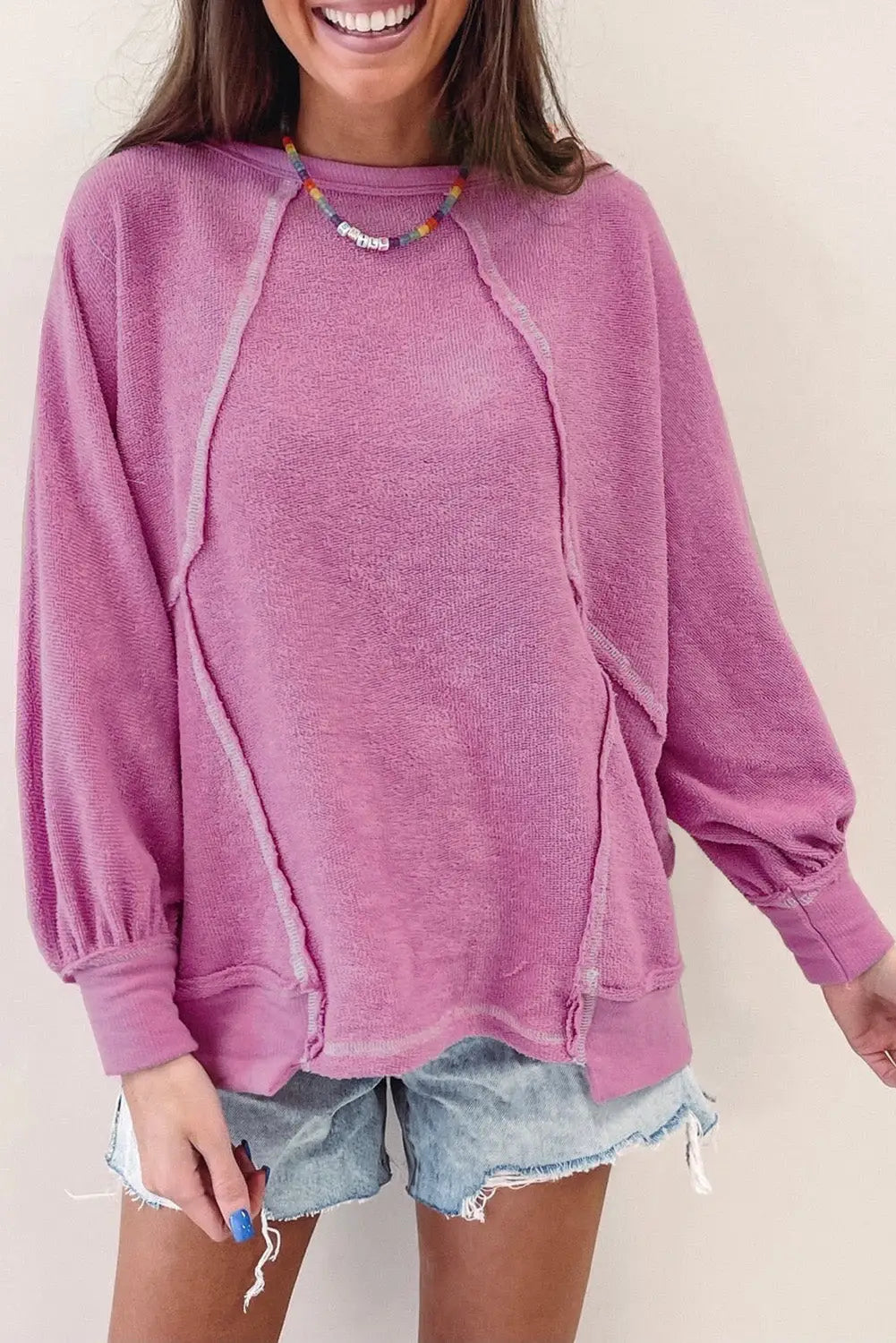 Pink exposed seam round neck terry pullover - s / 65% polyester + 35% cotton - sweatshirts & hoodies