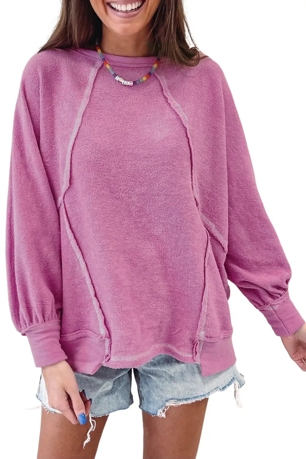 Pink exposed seam round neck terry pullover - sweatshirts & hoodies