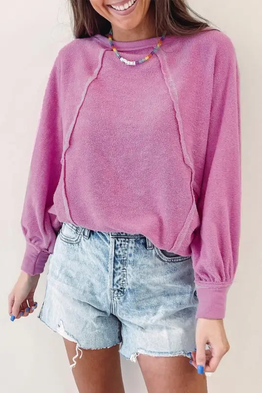 Pink exposed seam round neck terry pullover - sweatshirts & hoodies