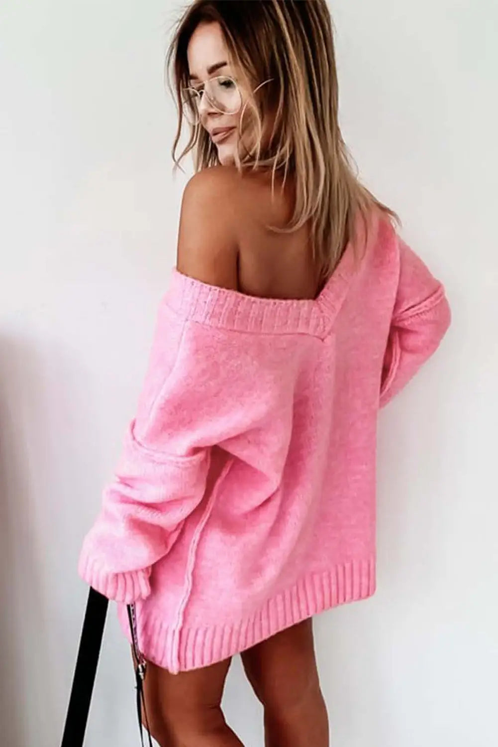 Pink exposed seam v neck slouchy sweater - sweaters & cardigans