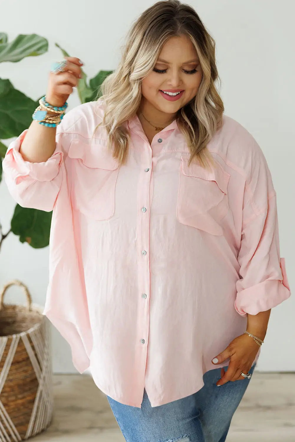 Pink flap pocket tab sleeve button-down plus size shirt